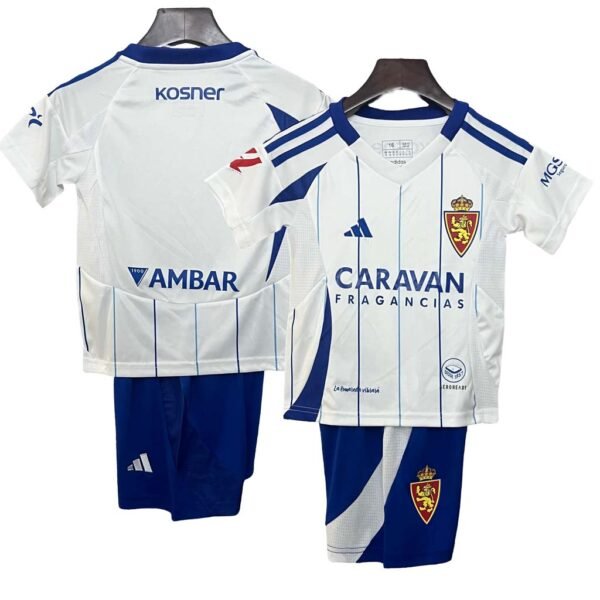 Real Zaragoza Home Kid Kits Youth Apparels Soccer Jersey 24-25
